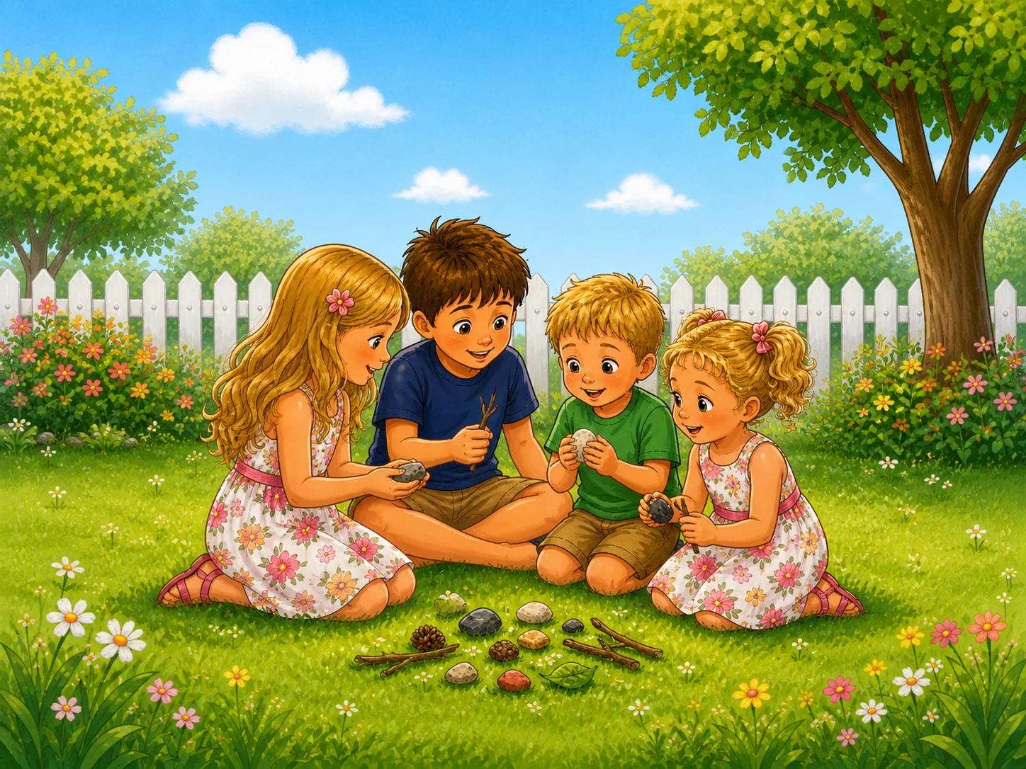 The Bigs and Littles sitting in the grass, exploring backyard treasures together.